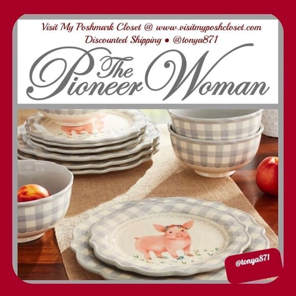 🦋 New Pioneer Woman "Pigs" Gingham 12-Piece Ceramic Dinnerware Set, Gray - Picture 1 of 6